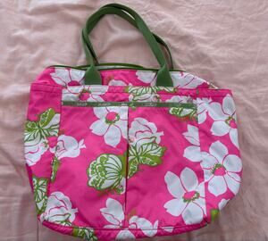 Lilly Pulitzer LeSportsac Nylon Tote Bag Pink Green Floral Butterfly Y2K Preppy